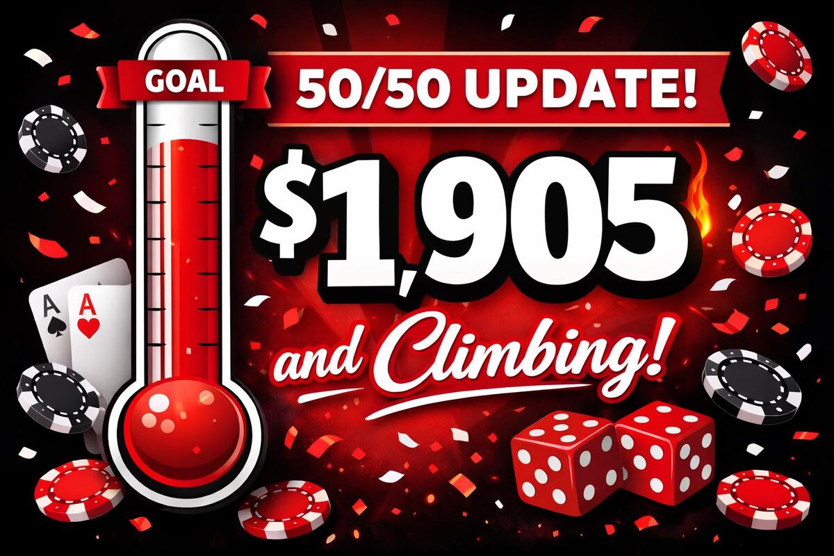 A thermometer graphic shows a "GOAL 50/50 UPDATE!" with the current amount at $1,905 and climbing.