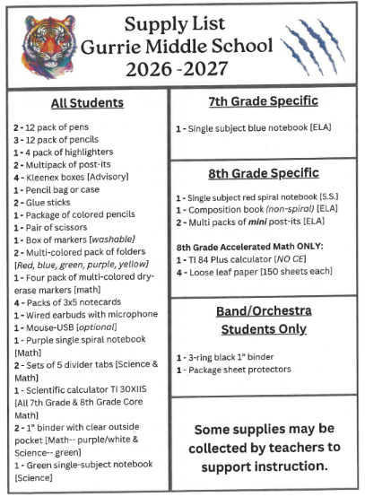 Gurrie Middle School supply list for 2026-2027, featuring sections for all students, 7th grade, 8th grade, and band/orchestra.