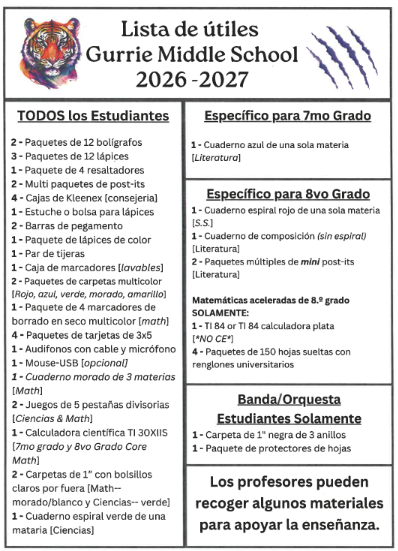 School supply list for Gurrie Middle School, 2026-2027, with sections for all students and specific grades.