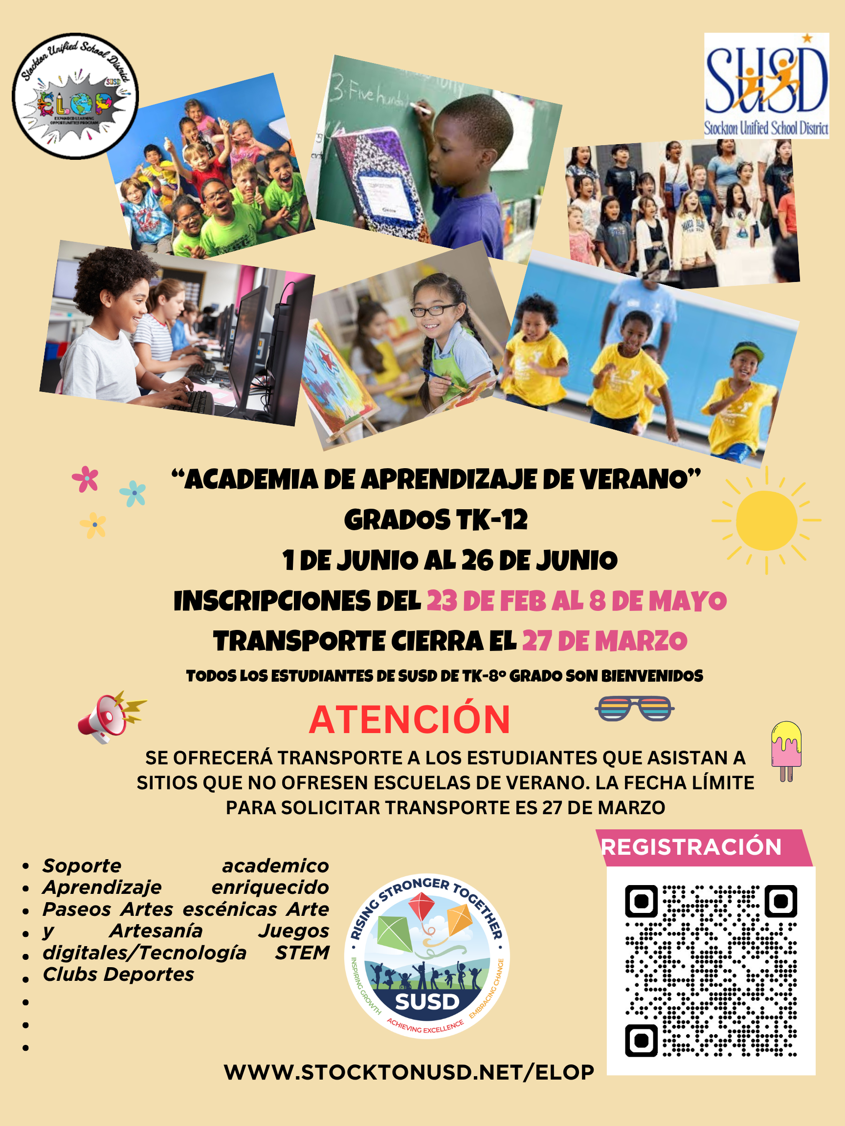 Poster for Stockton Unified School District's "Academia de Aprendizaje de Verano" (Summer Learning Academy) for grades TK-12, with dates and registration info.