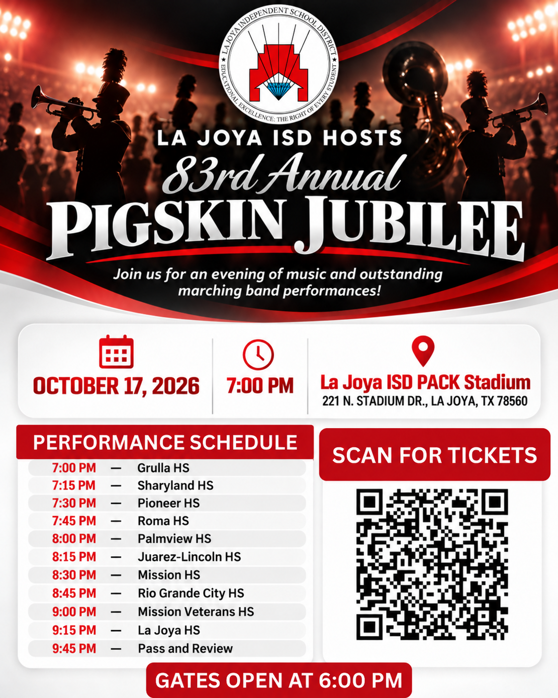 🥁🎺 La Joya ISD is proud to host the 83rd Annual Pigskin Jubilee TOMORROW NIGHT! 🎉👏🏼