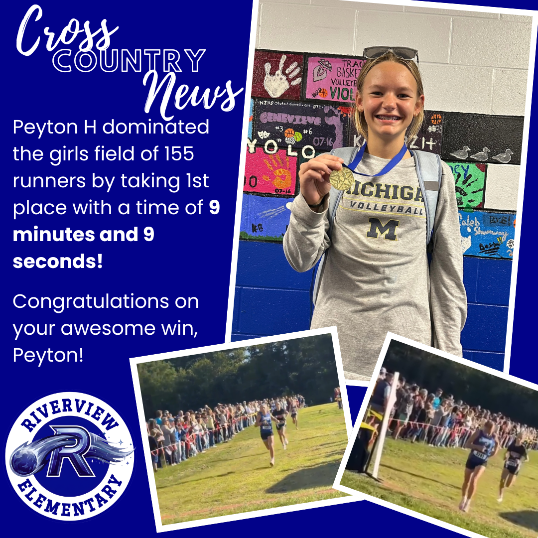 A graphic with text celebrating cross country runner Peyton H for winning first place out of 155 runners