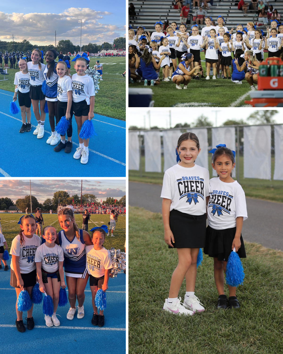 A collage of young cheerleaders in white and blue uniforms posing at a sports field.