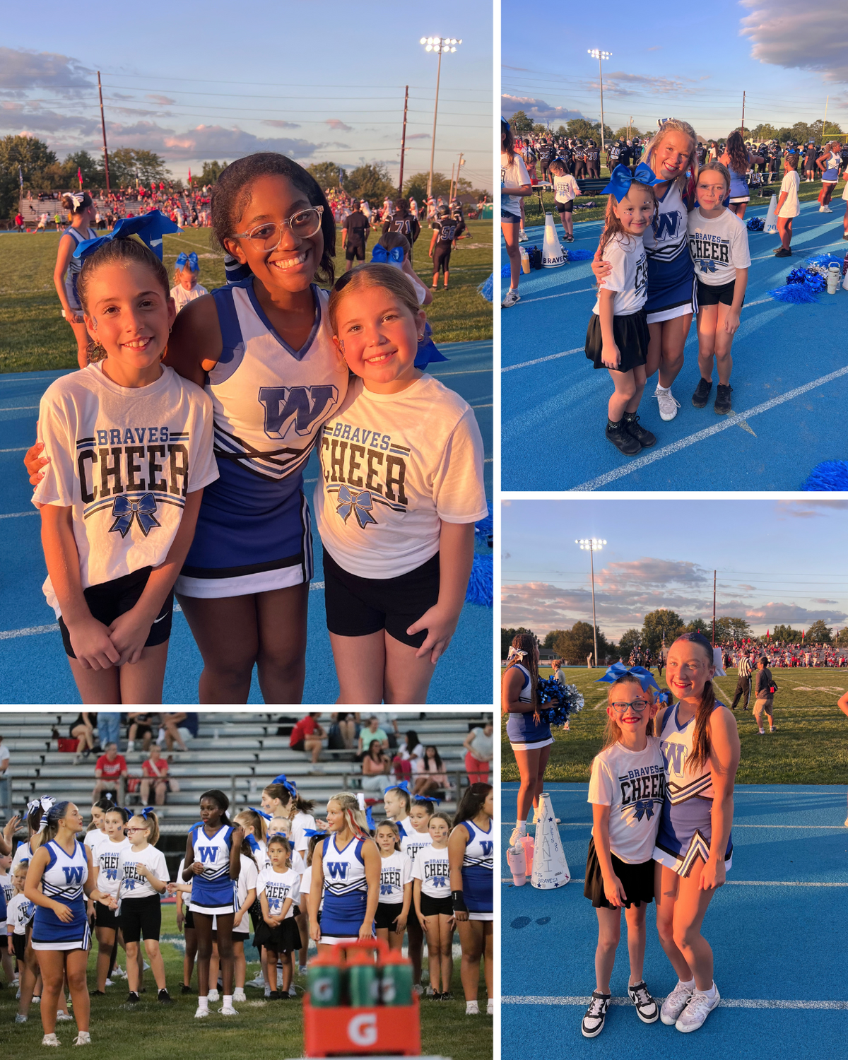 A collage of four photos shows young cheerleaders smiling together on a blue track at an athletic field during sunset.