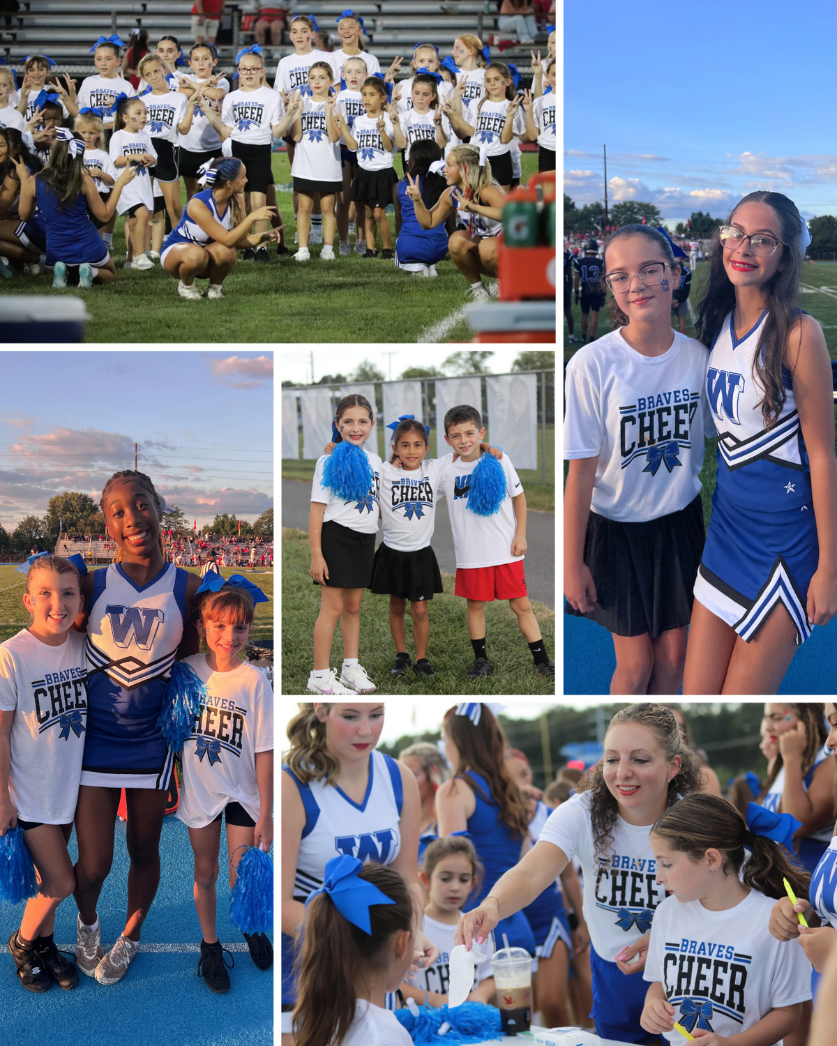 A collage shows youth cheerleaders in blue and white uniforms at an outdoor athletic event.