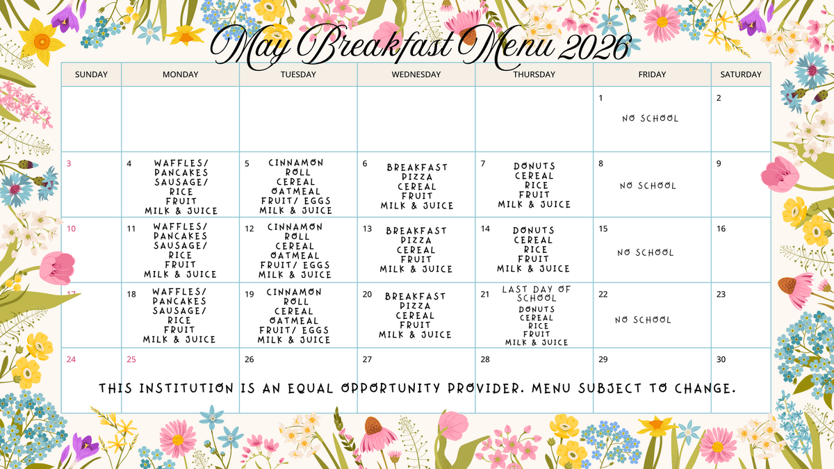 May Breakfast and Lunch Menu