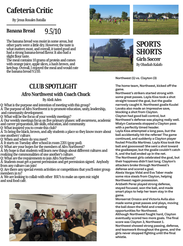 A school newsletter page featuring a cafeteria food review, a club spotlight interview, and sports coverage.