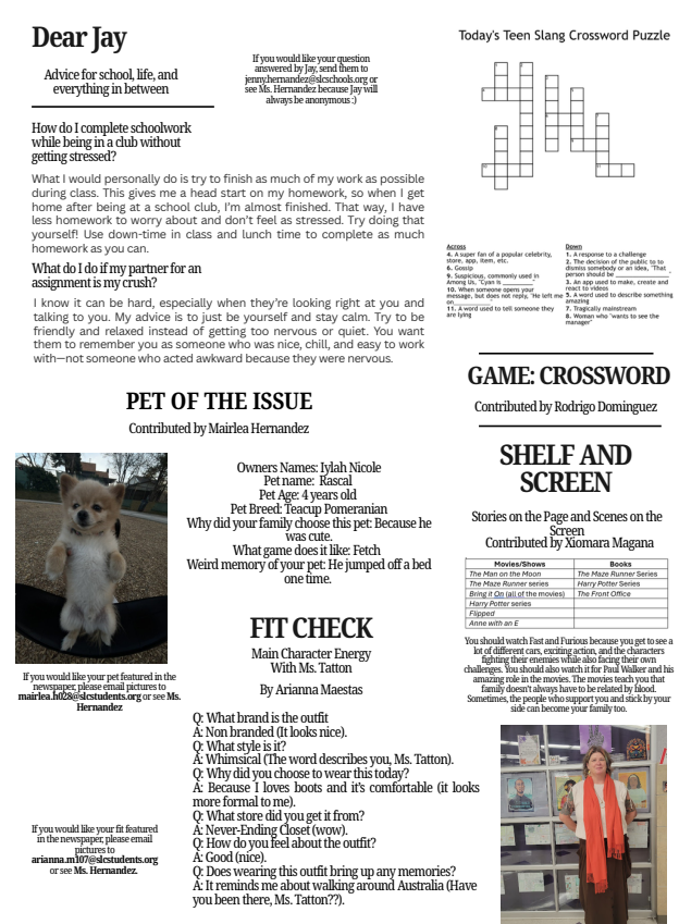 A school newspaper page features an advice column, a crossword puzzle, pet spotlight, fit check, and shelf and screen recommendations.