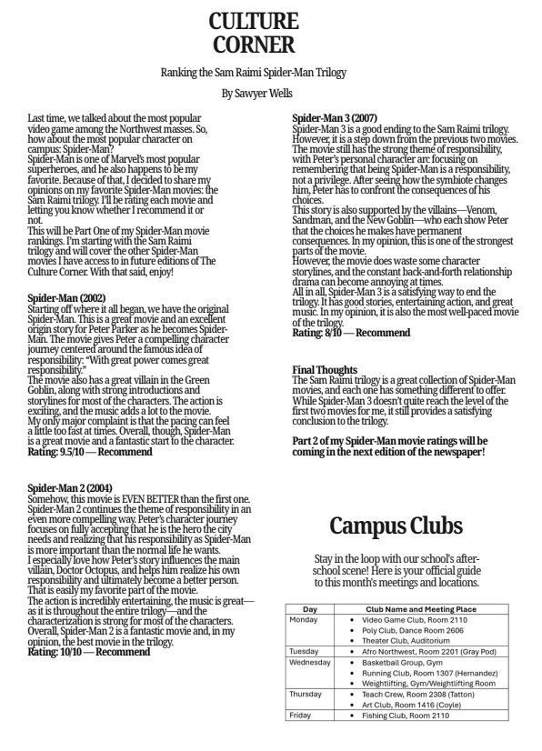 A newspaper article titled Culture Corner by Sawyer Wells, ranking the Sam Raimi Spider-Man trilogy.