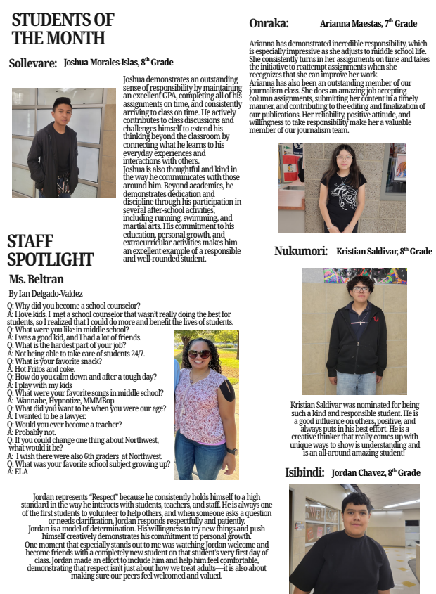 A school newsletter page featuring Students of the Month and a Staff Spotlight, complete with photos and descriptions.