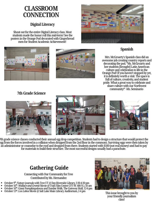 A school newsletter page titled Classroom Connection, featuring updates and photos from Digital Literacy, Spanish, and 7th Grade Science classes.