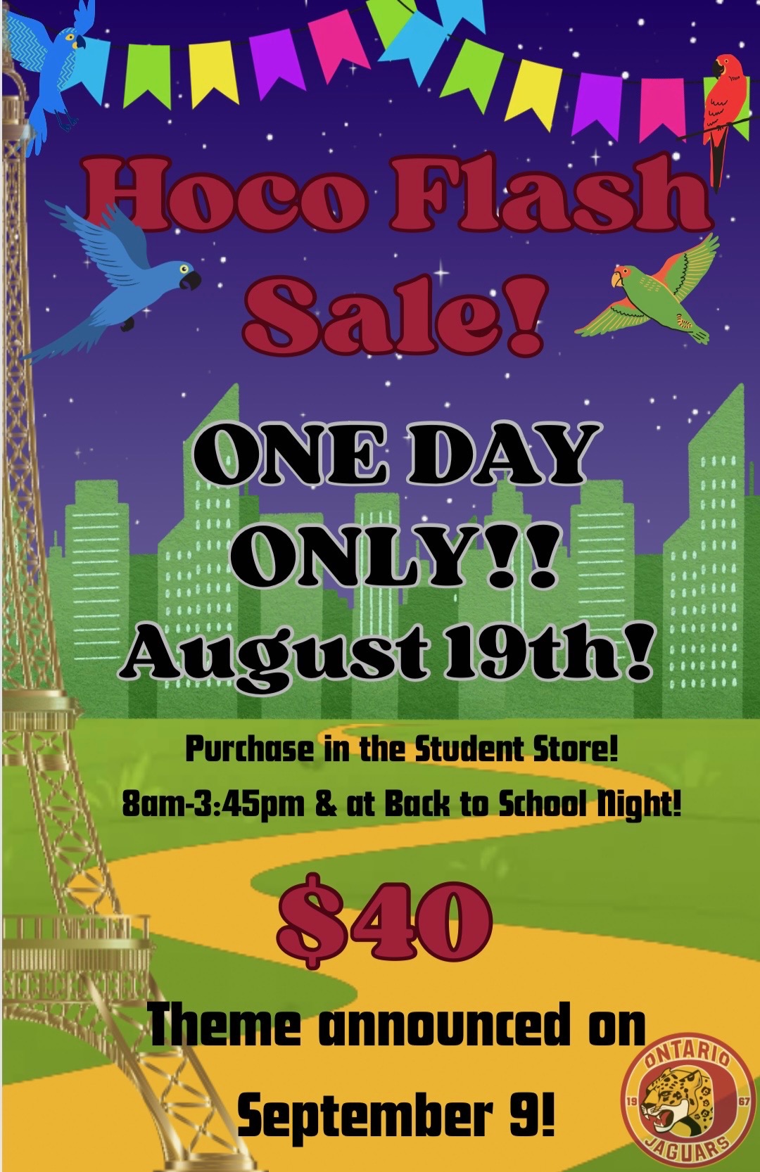Poster announces a 'Hoco Flash Sale!' on August 19th, priced at $40.