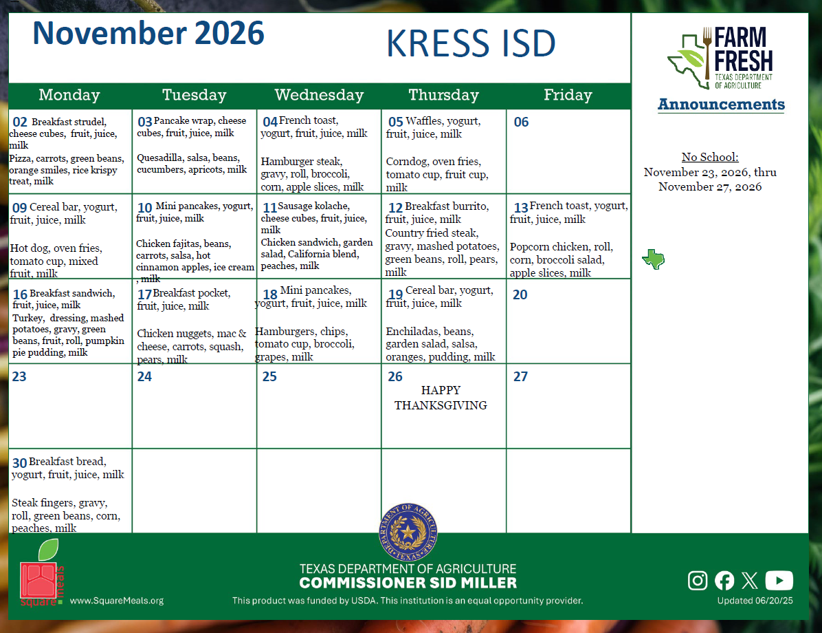 Cafeteria Menu November 2026