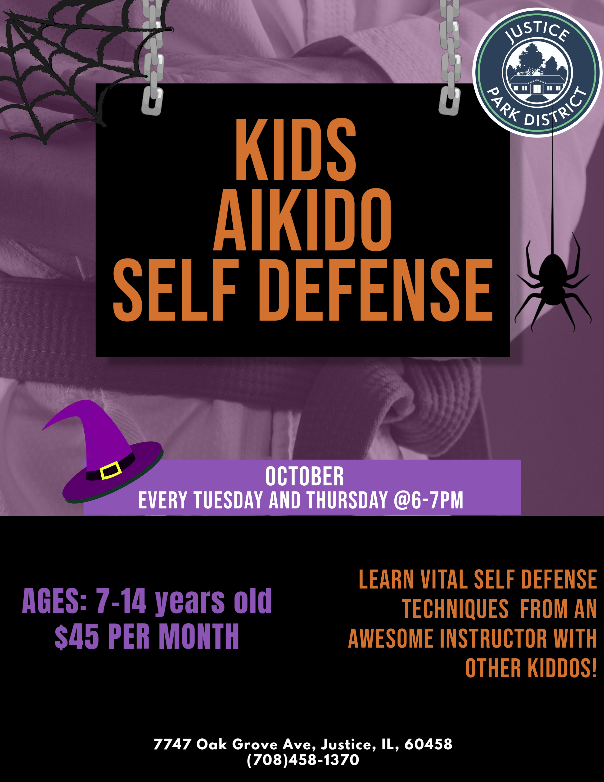 A promotional flyer for a Kids Aikido Self Defense class held in October on Tuesdays and Thursdays from 6-7 PM, designed for ages 7-14 at $45 per month.