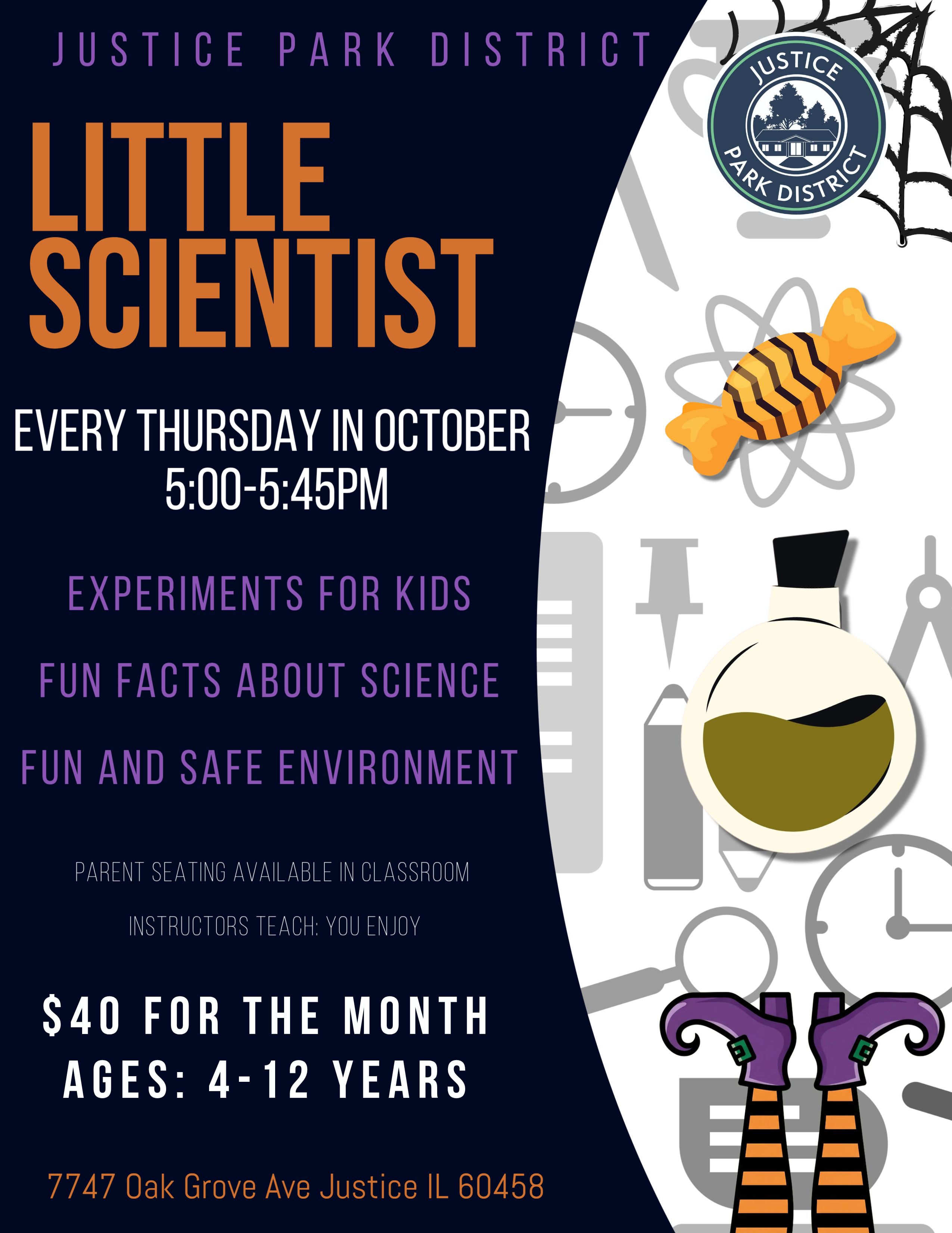 A promotional flyer for the Justice Park District Little Scientist program for kids aged 4-12, held every Thursday in October.