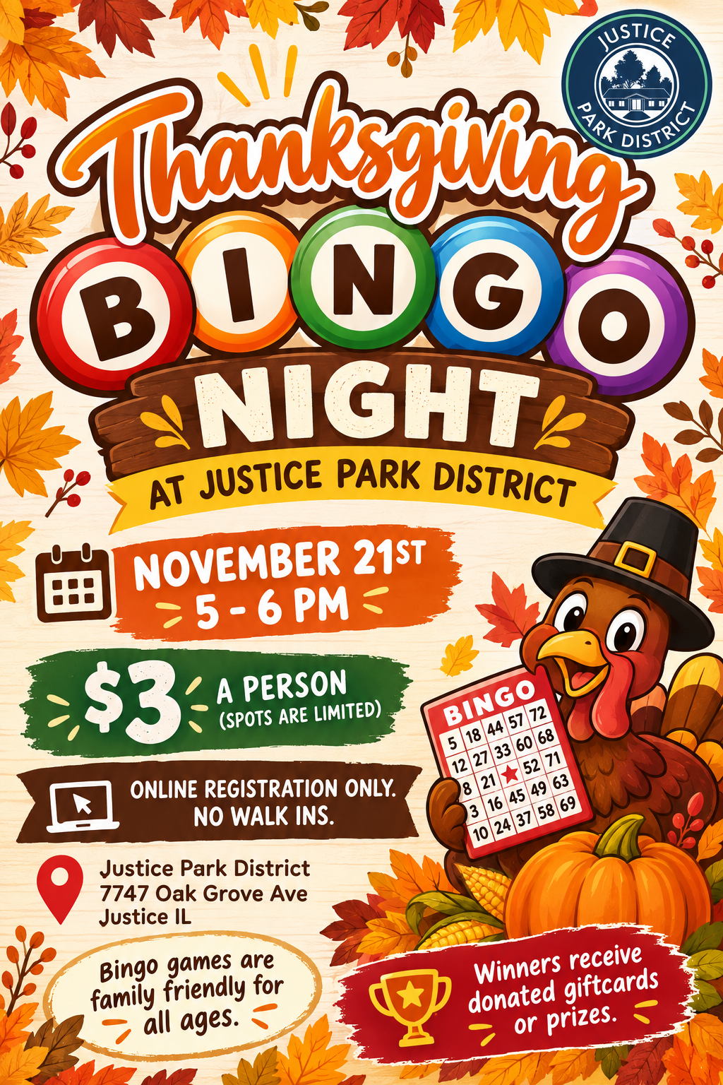A colorful flyer for a Thanksgiving Bingo Night at Justice Park District on November 21st from 5 to 6 PM.