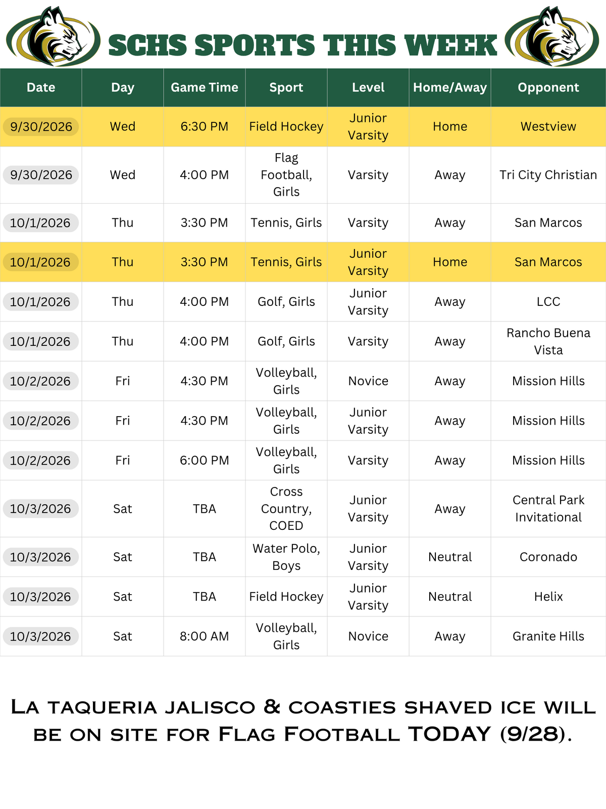 A schedule chart titled "SCHS Sports This Week" listing dates, times, sports, levels, and opponents from September 30 to October 3, 2026.