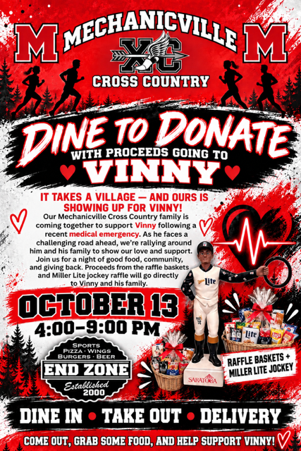 Cross Country Dine to Donate for Vinny!!!  Tuesday, October 13th at the Endzone from 4-9pm