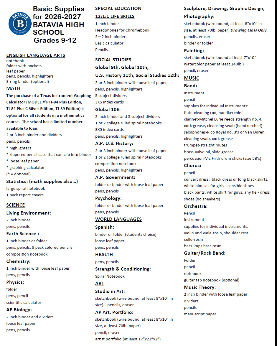Basic Supplies BHS 2026/2027