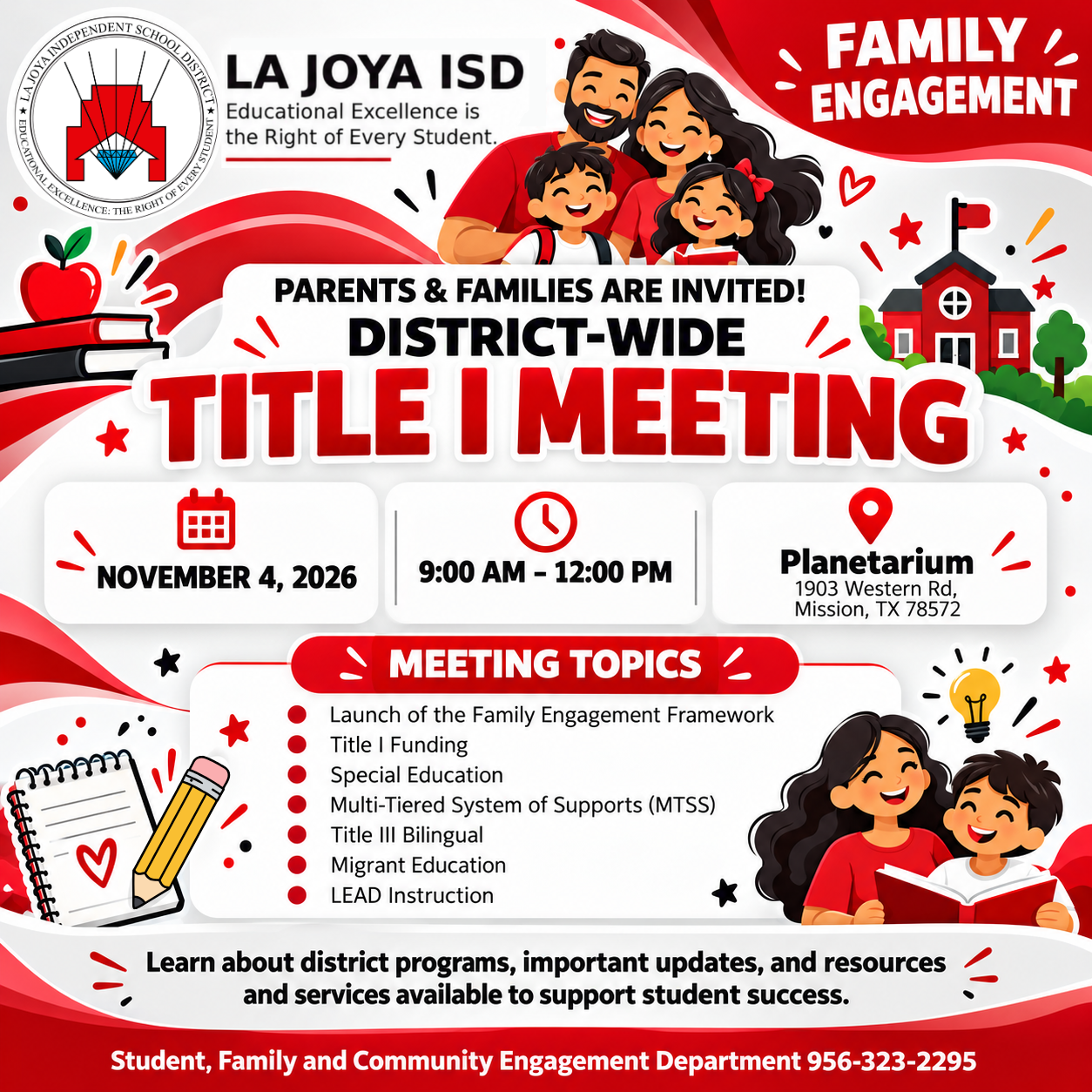📣La Joya ISD families, join us for our District-Wide Title I Meeting! | 📣 ¡Familias de La Joya ISD, acompáñennos a nuestra Reunión Distrital de Título I!