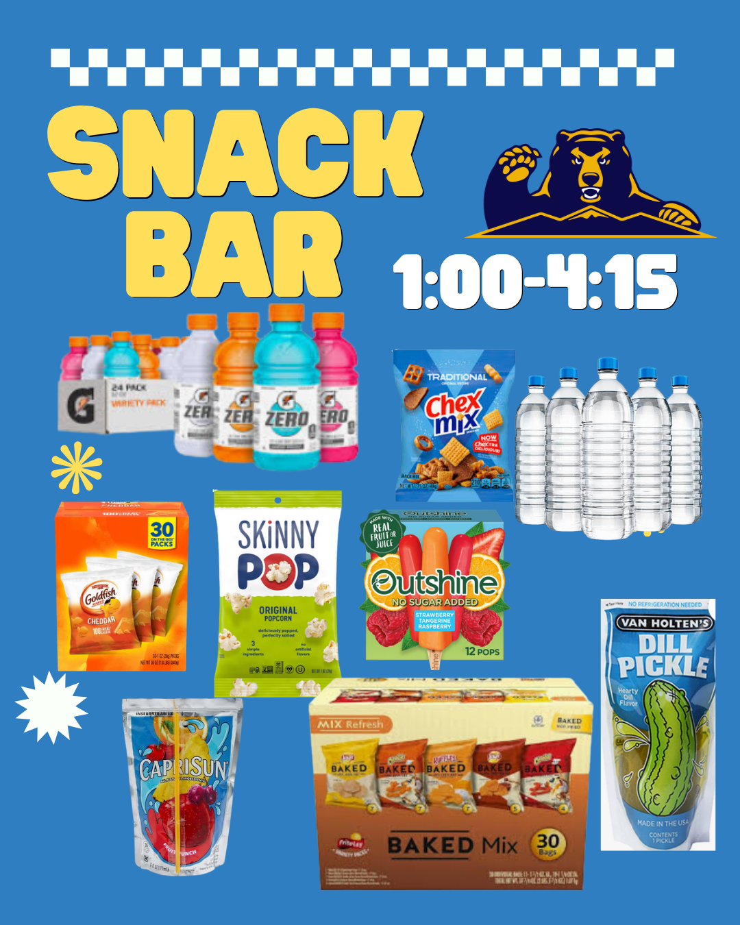 A promotional image for a snack bar featuring large yellow text reading "SNACK BAR" and hours "1:00-4:15" against a blue background.