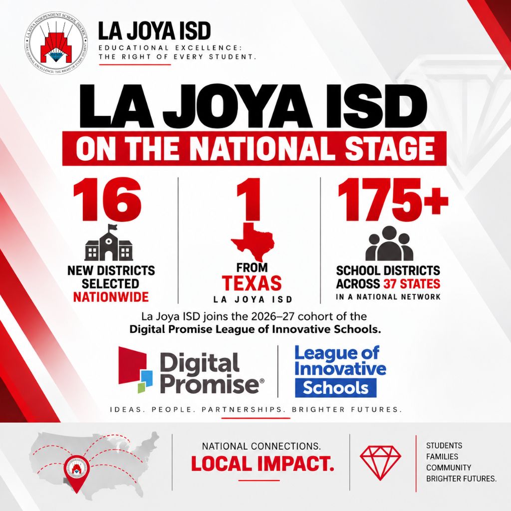 An infographic celebrating La Joya ISD joining the Digital Promise League of Innovative Schools for 2026-27.