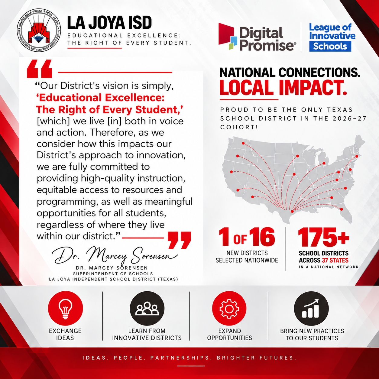 An informational graphic celebrating La Joya ISD joining the League of Innovative Schools, featuring a quote from Superintendent Dr. Marcey Sorensen.