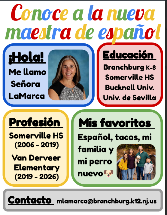 A poster introduces Señora LaMarca, the new Spanish teacher, with her photo and personal information.
