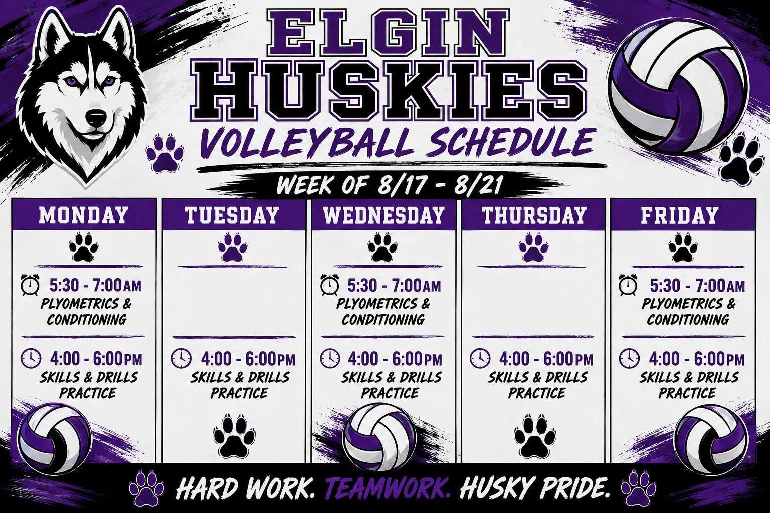 Elgin Huskies Volleyball Upcoming Practice Schedule