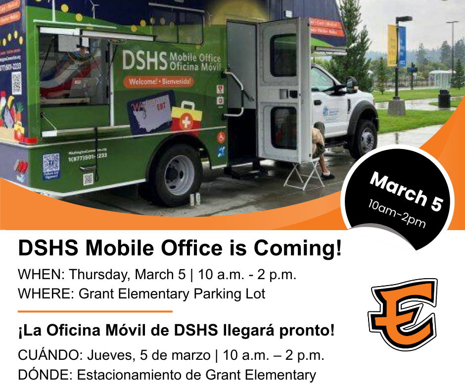 A green DSHS Mobile Office truck is parked with its door open, serving the community.
