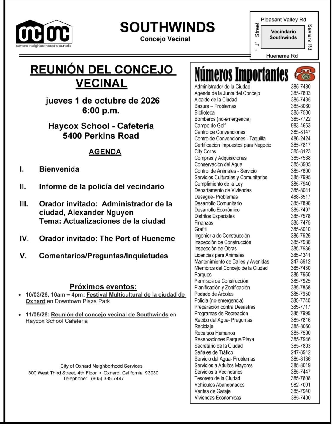 Neighborhood Council Meeting 10/1/26 at Haycox at 6pm