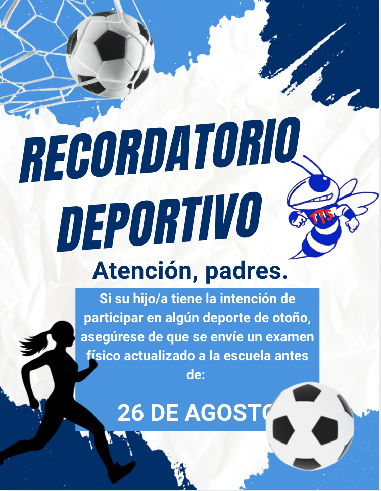 A sports reminder poster with the text 'RECORDATORIO DEPORTIVO' and 'Atención, padres.'