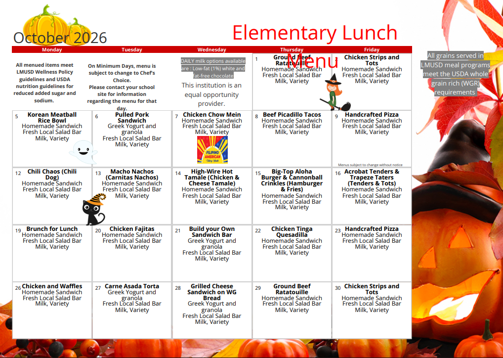Elementary Menu: October 2026