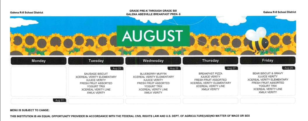 August Breakfast and Lunch Menus