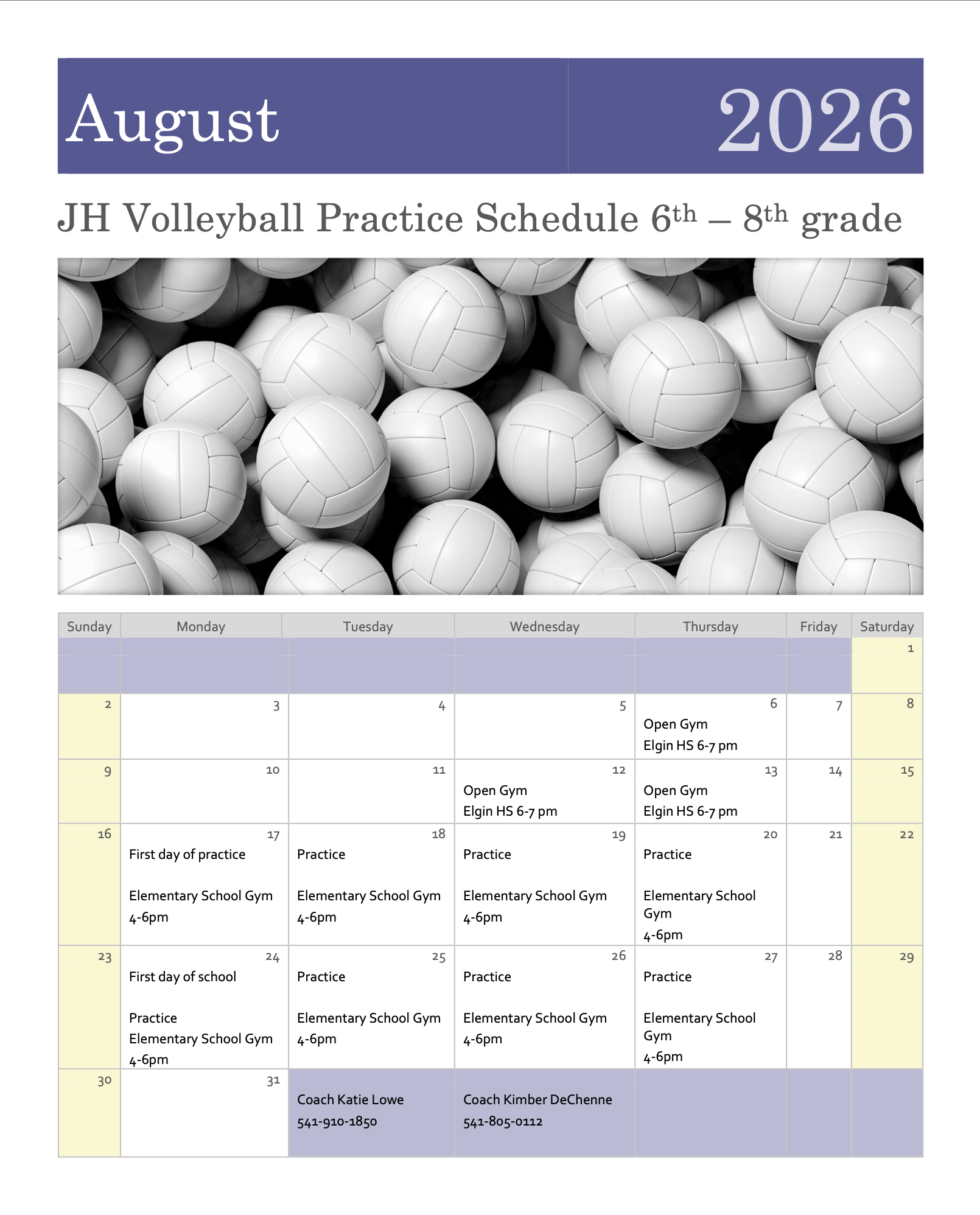 Jr. High Volleyball August Practice Schedule