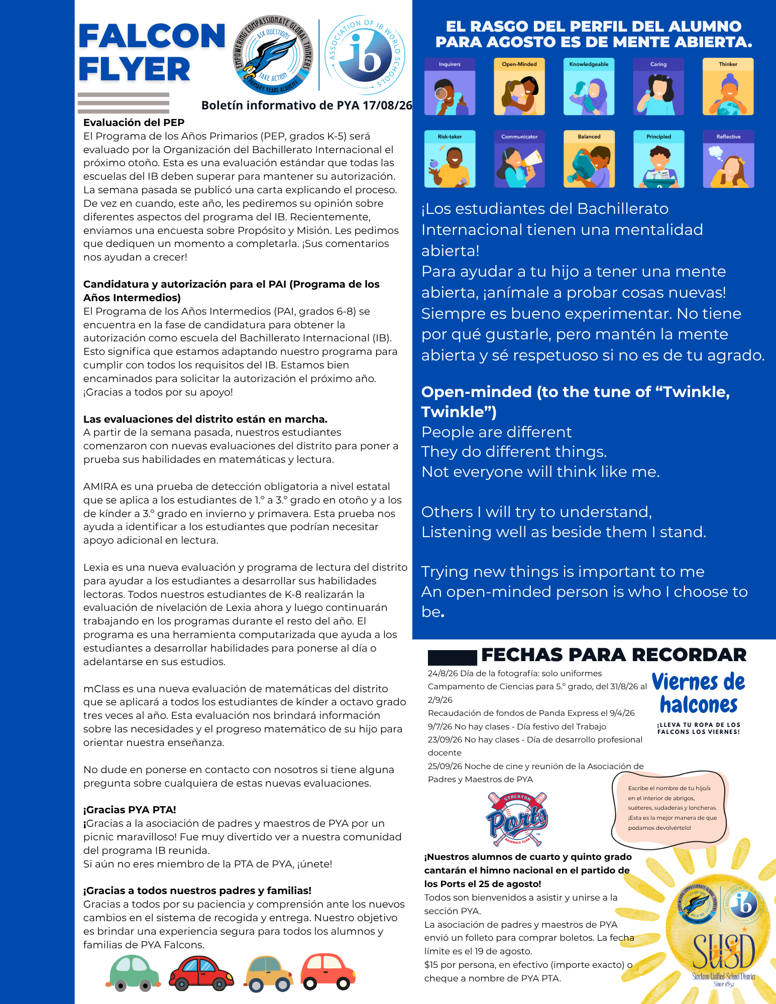 A flyer titled 'FALCON FLYER' with the date 17/08/26, featuring sections on school evaluations, IB programs, and upcoming events.