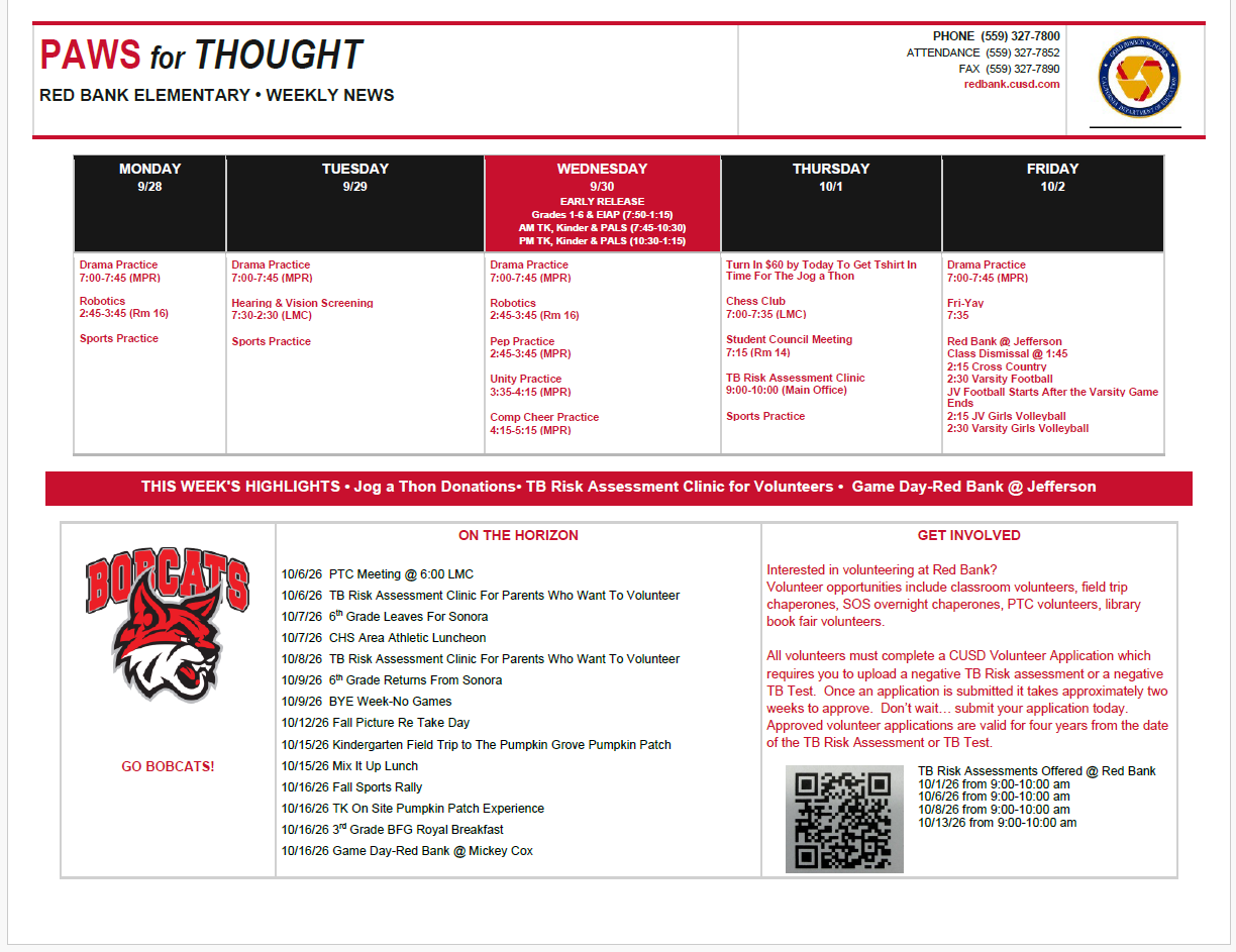 Weekly Calendar September 28-October 2, 2026
