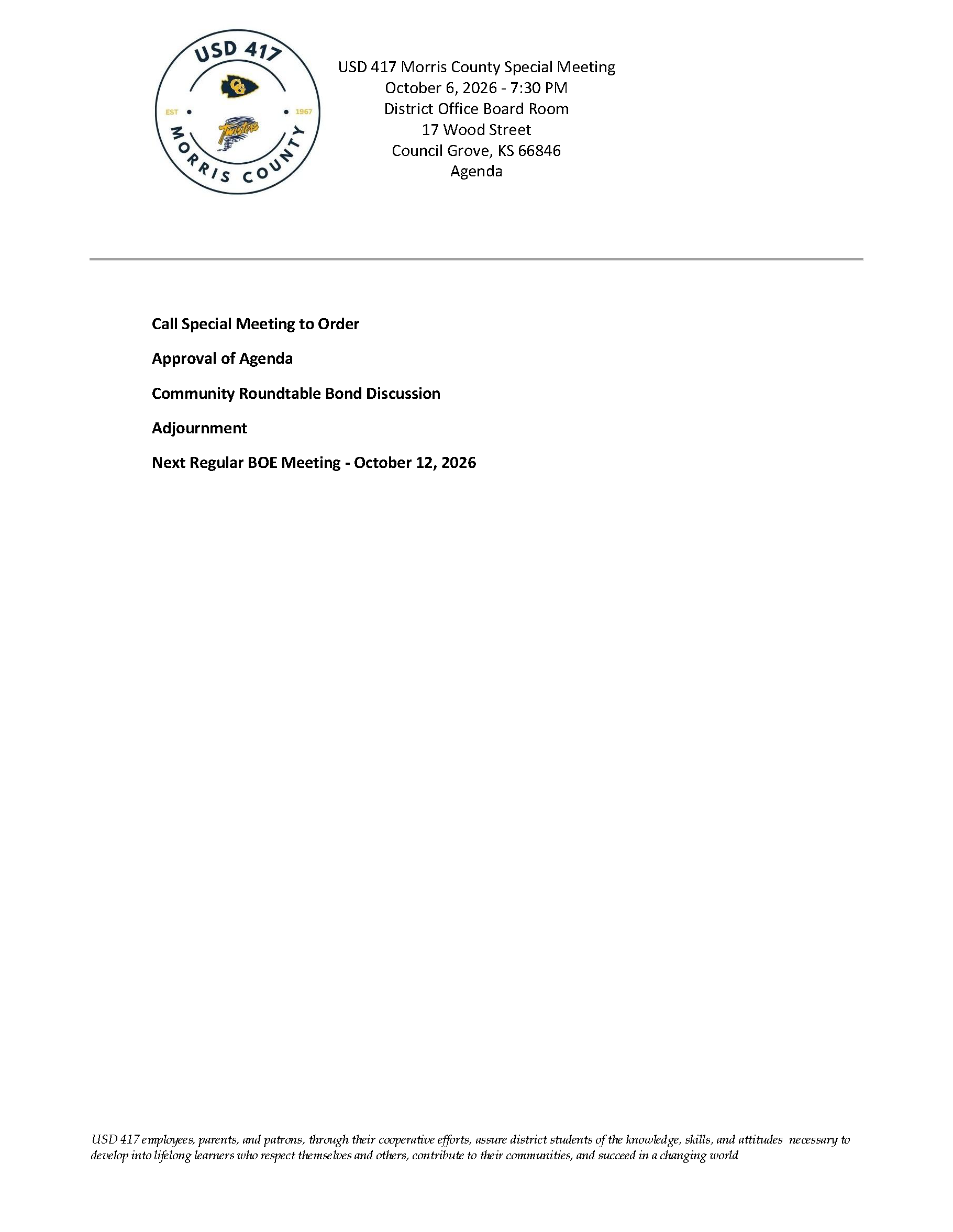 USD 417 Special BOE Meeting October 6