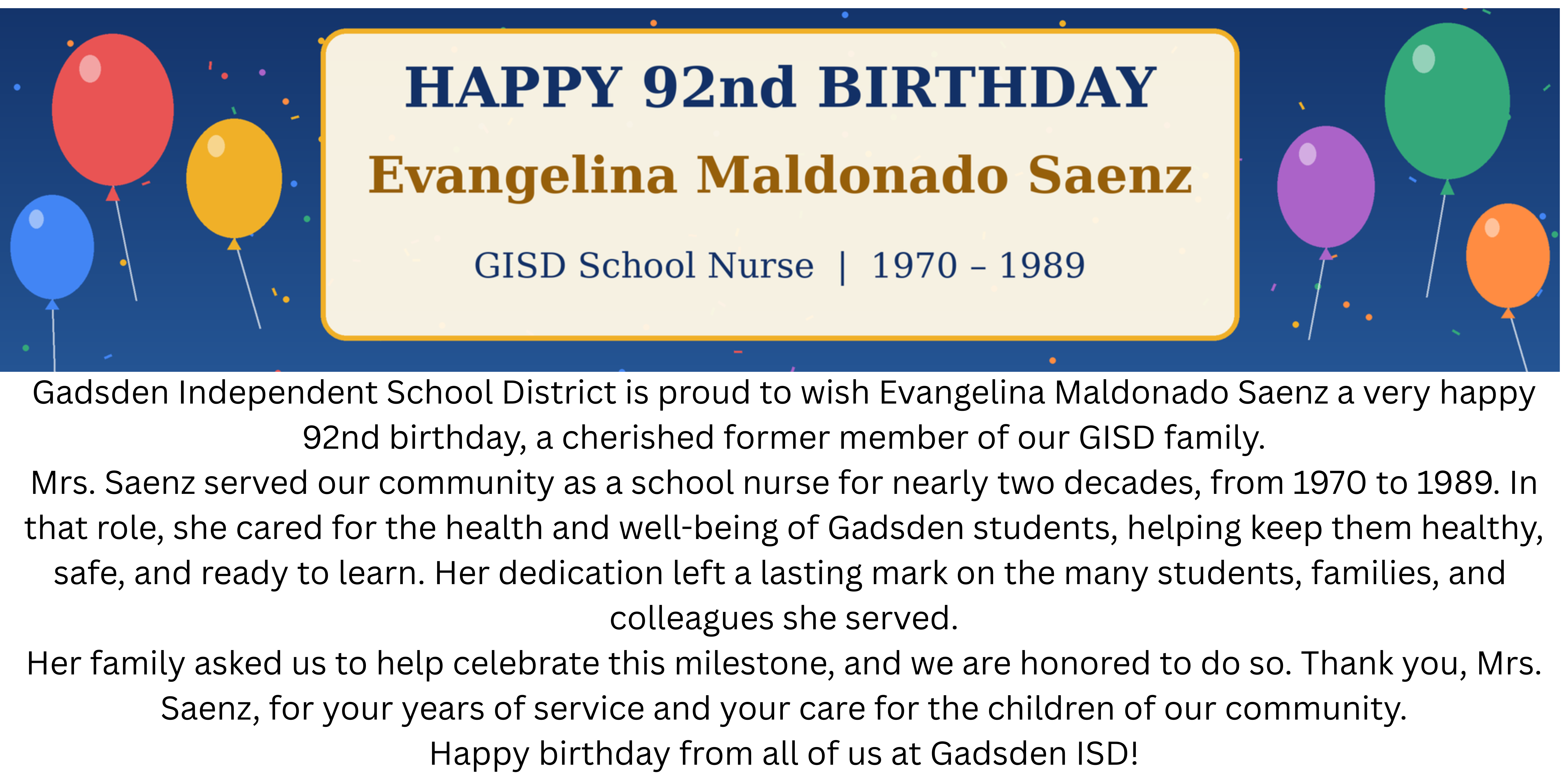 Happy 92nd Birthday, Evangelina Maldonado Saenz!