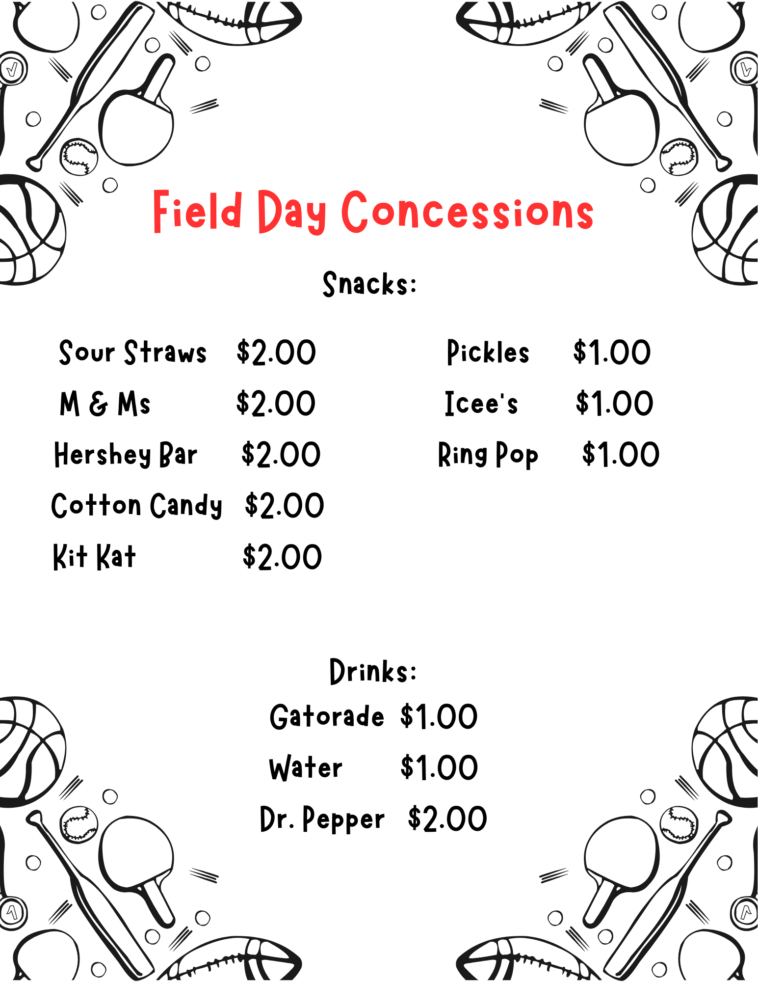 A concession stand menu for Field Day lists snacks like Sour Straws, M&Ms, Hershey Bars, Cotton Candy, Kit Kats, Pickles, Icee's, and Ring Pops with prices.