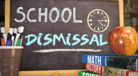 A chalkboard displays the words 'SCHOOL DISMISSAL' with a drawing of a clock, accompanied by a stack of books and a fresh apple.