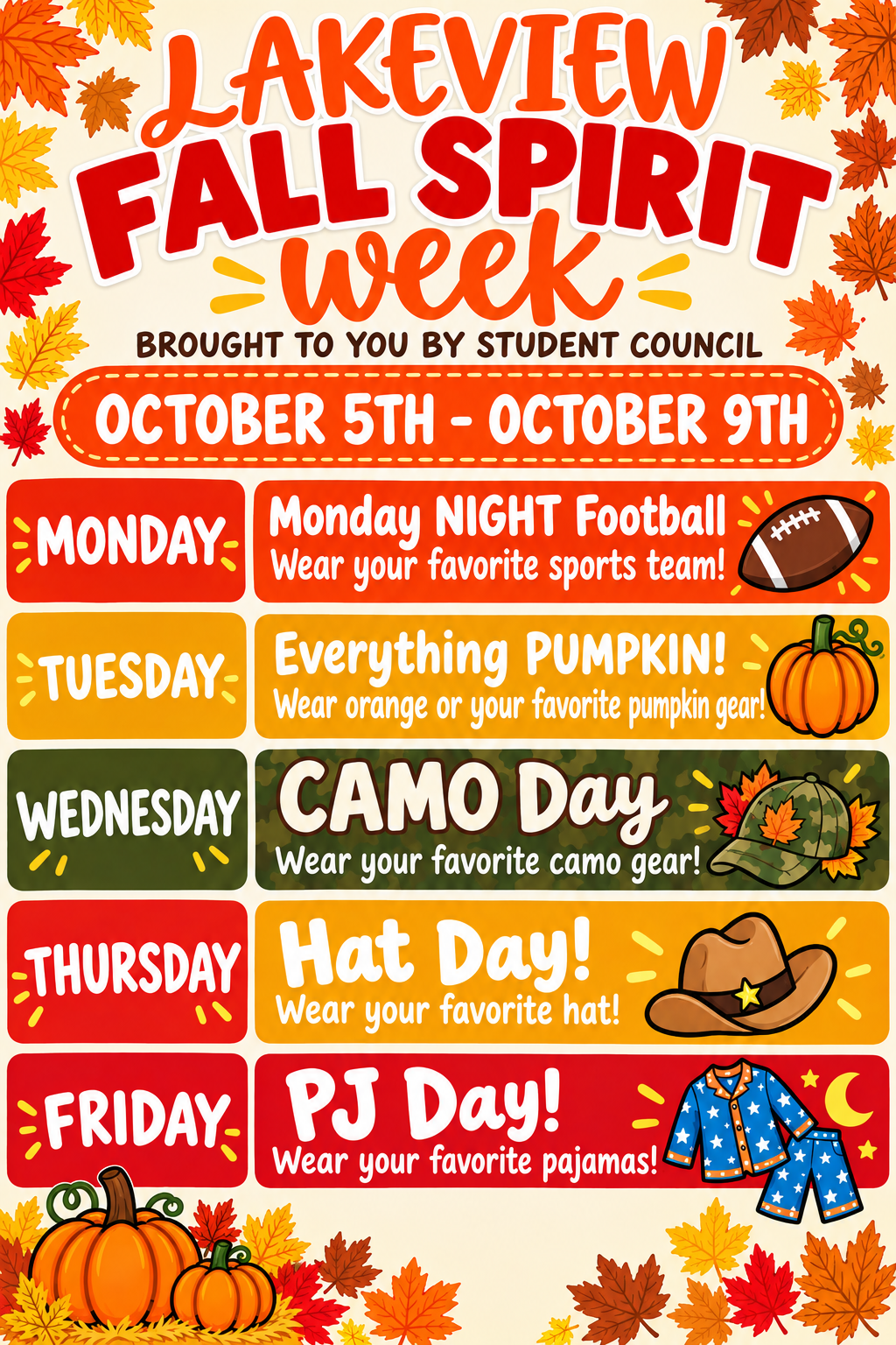 A colorful flyer for Lakeview Fall Spirit Week, featuring daily themes from October 5th to October 9th.