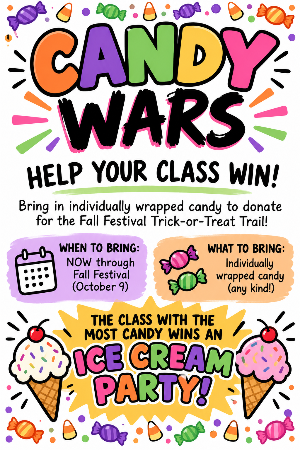 A colorful flyer titled "Candy Wars" announces a class candy donation drive for a Fall Festival, offering an ice cream party to the winning class.