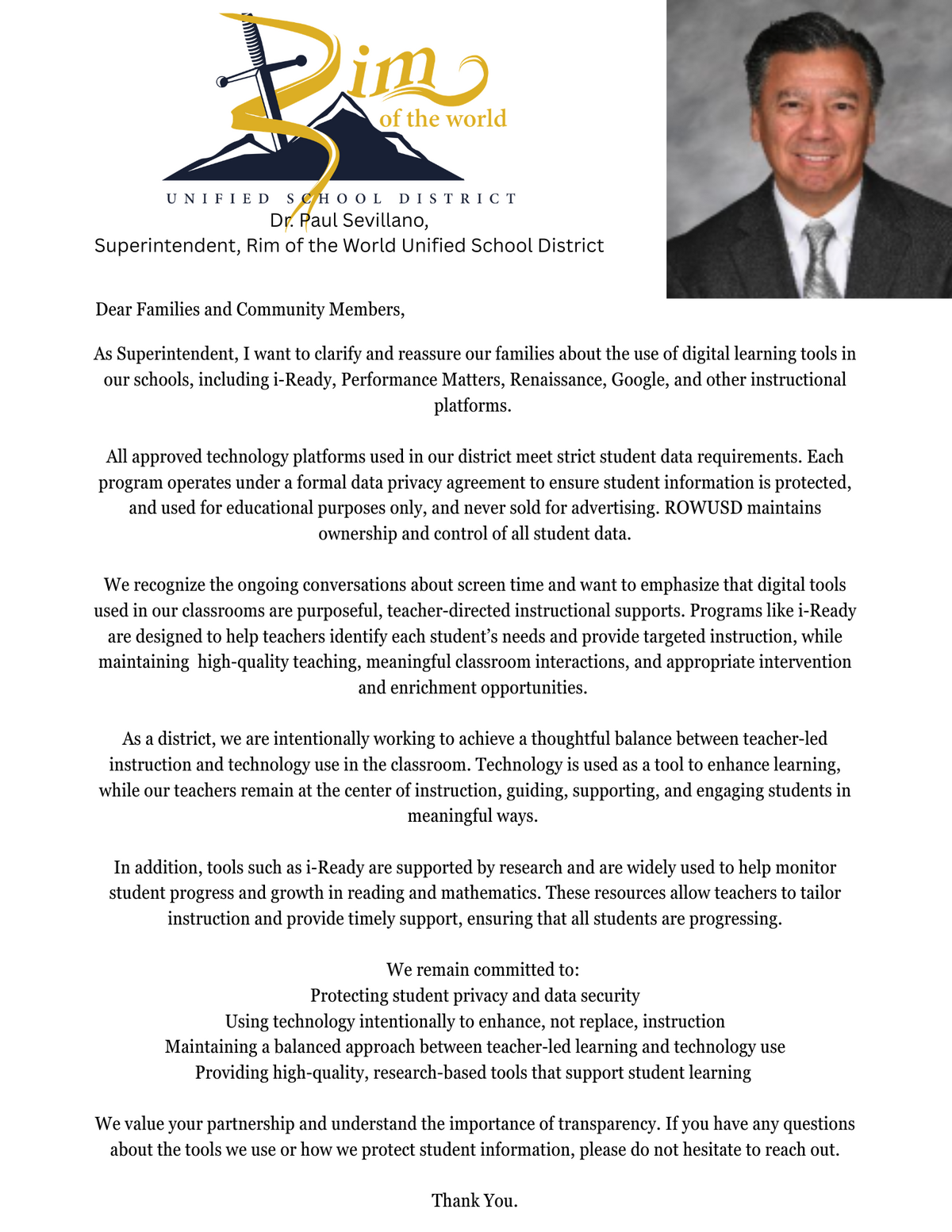 ROWUSD: A Message from the Superintendent: