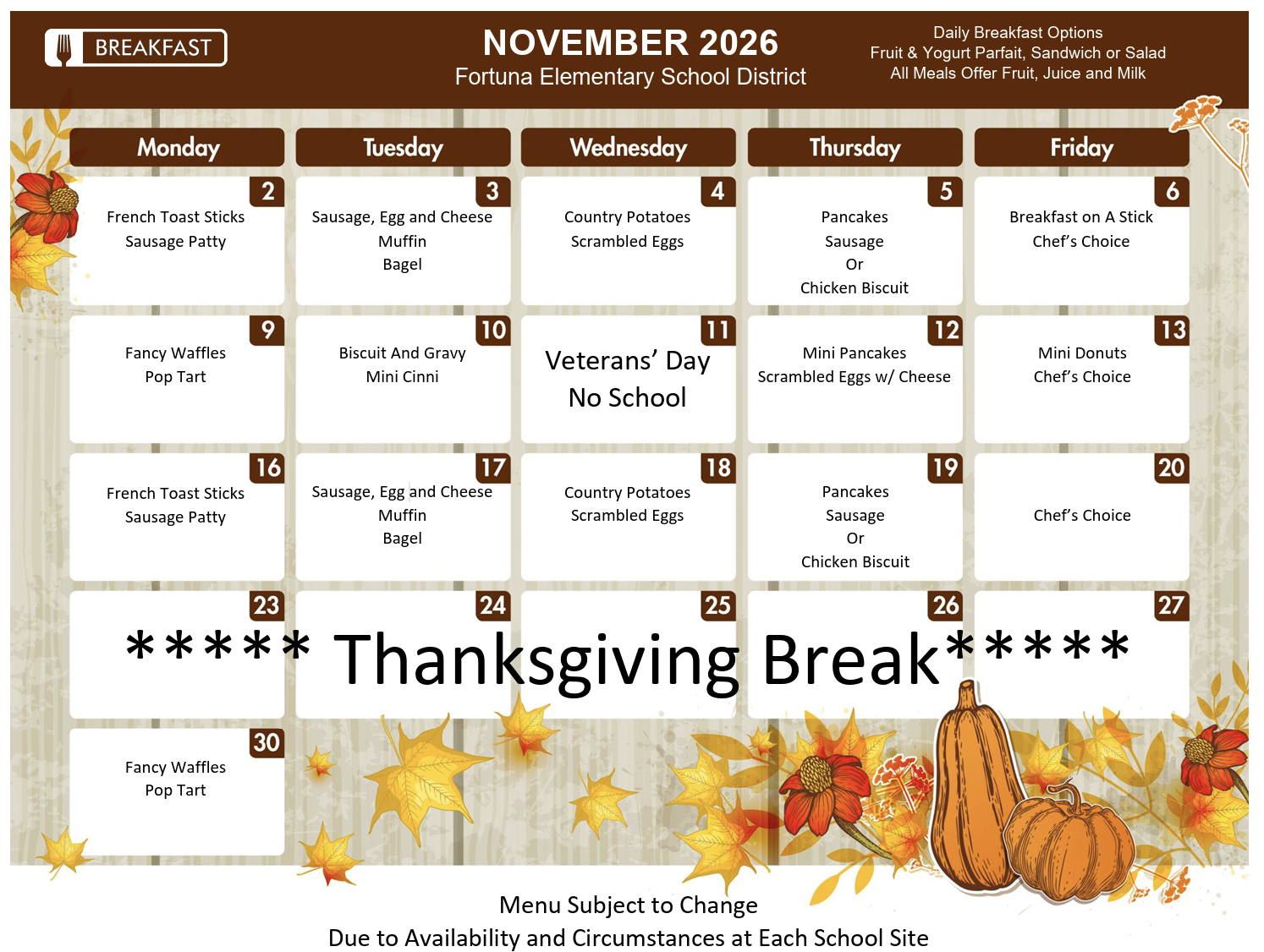 A school breakfast menu calendar for November 2026, featuring daily food items from Monday through Friday.