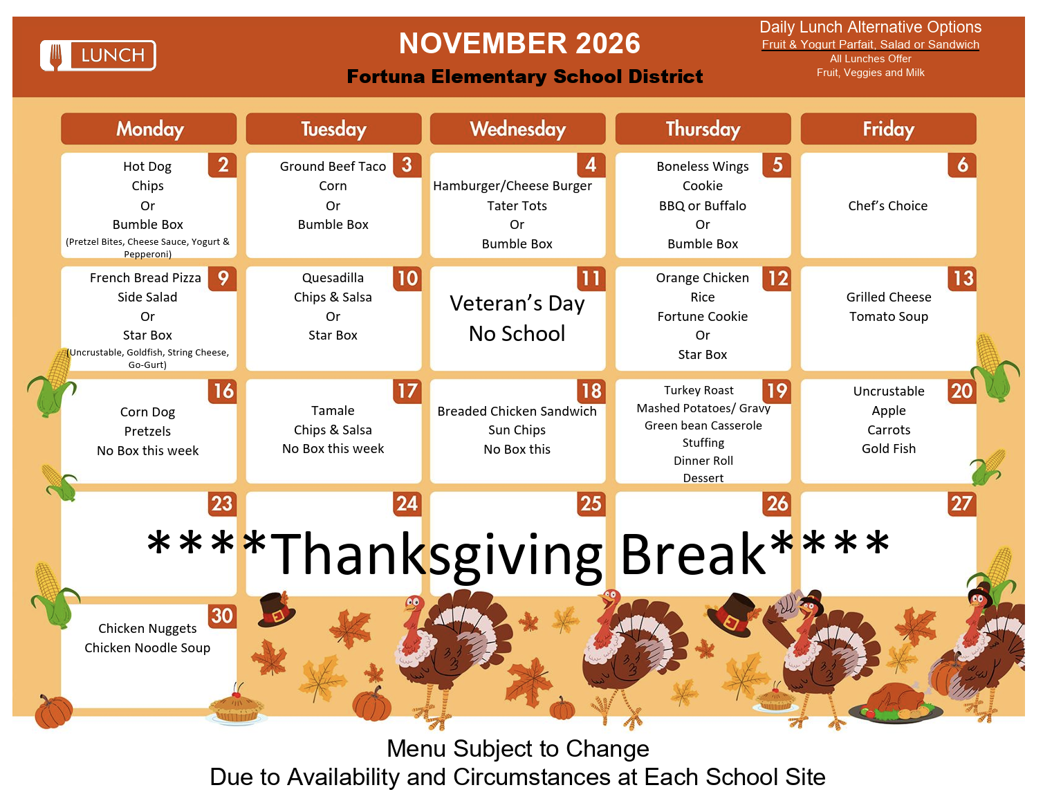 A November 2026 school lunch menu calendar for Fortuna Elementary School District with daily meal options.
