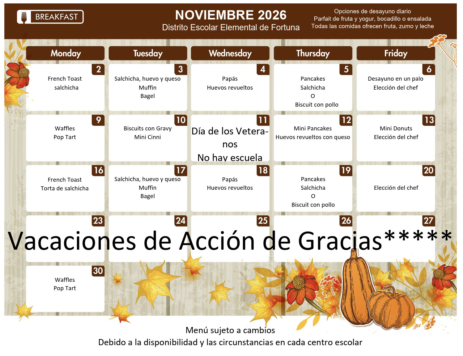 A November 2026 breakfast menu calendar for Fortuna Elementary School District, featuring fall-themed decorations like pumpkins and leaves.