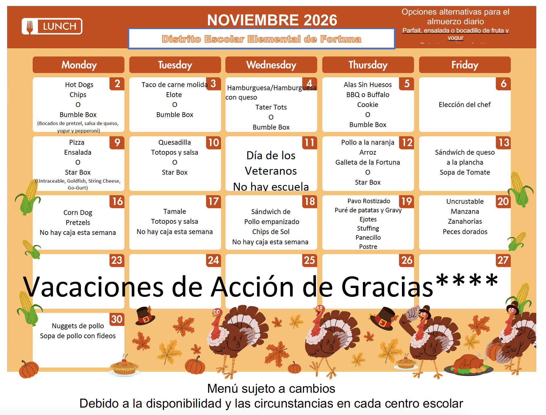 A school lunch menu for November 2026, featuring daily meal options from Monday to Friday with a Thanksgiving theme at the bottom.