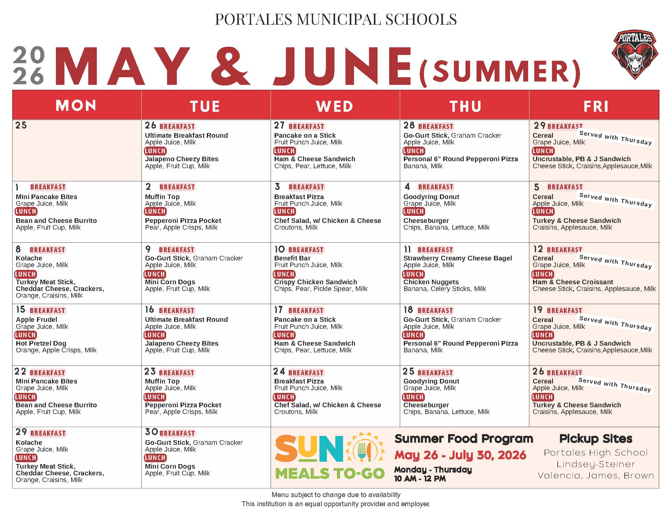 Summer Food Menu for May-June