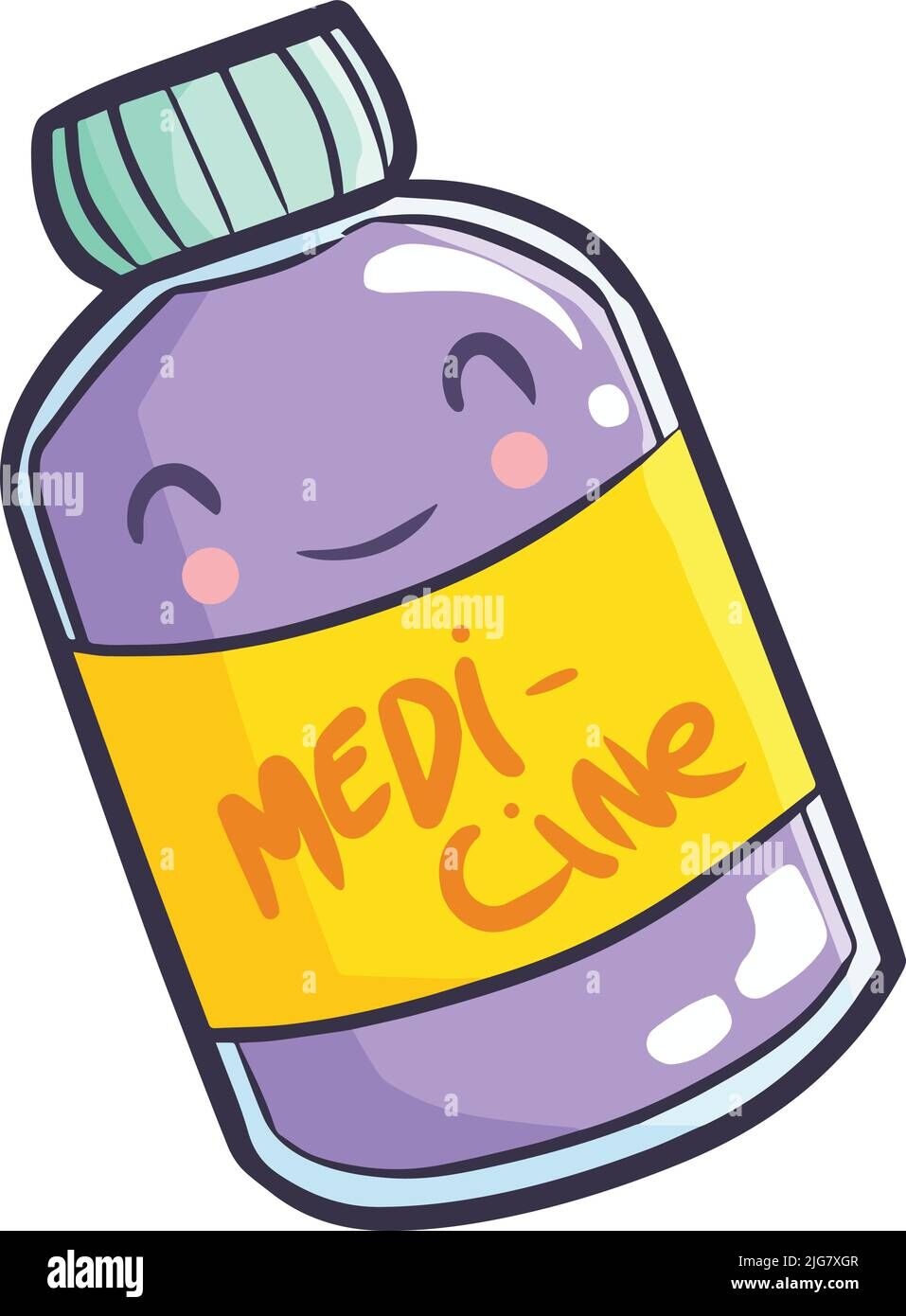 A cartoon illustration of a purple medicine bottle with a smiling face and a yellow label that reads 'Medicine'.